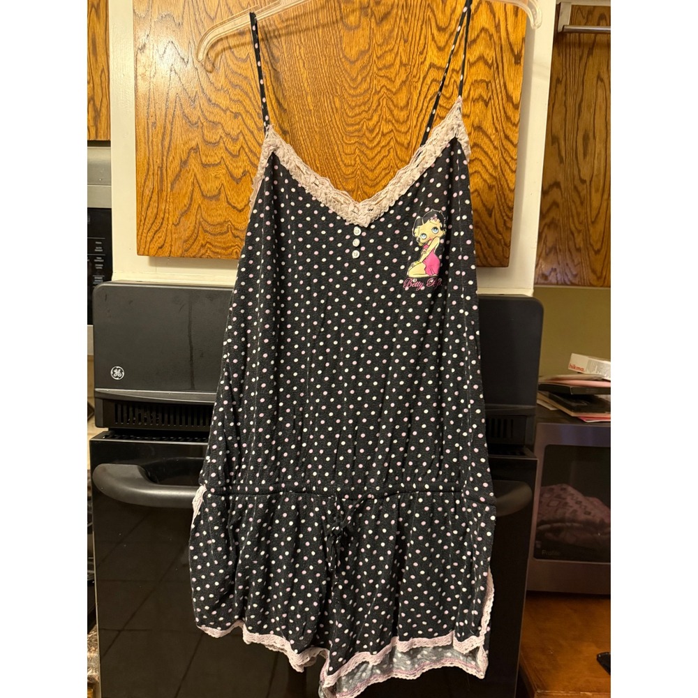 Betty Boop Womens Pajama Romper Black Pink Polka Dot Lace Trim Sleepwear XL15/17